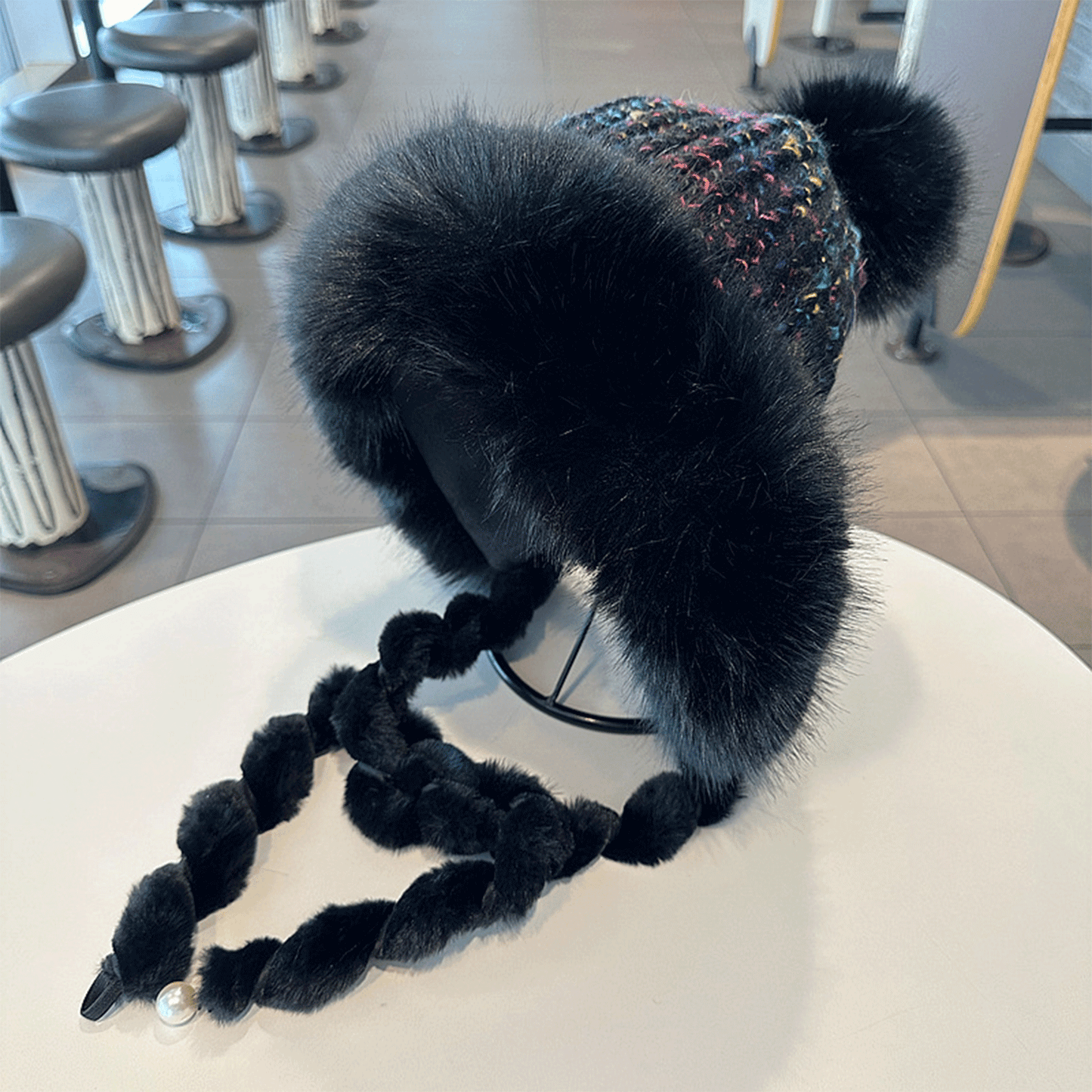 Women Winter Hat with Pompom, Cute Thick Knitted Hats with Ties, Warm Stretchy Cap, Machine Washable