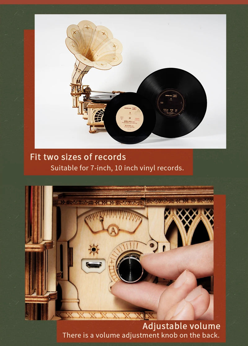 DIY Hand Crank Classic Gramophone Wooden Puzzle Kits