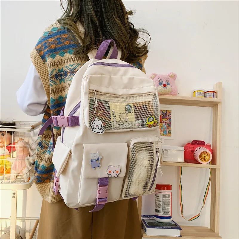 New Buckle Badge Women Backpack Candy Color Fashion Cute Schoolbag Shoulder Student Bag Teenage Girls College Backpack