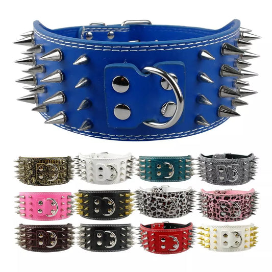 3 inch Wide Spikes Studded Leather Pet Dog Collar for Large Breeds Pitbull Doberman M L XL Sizes