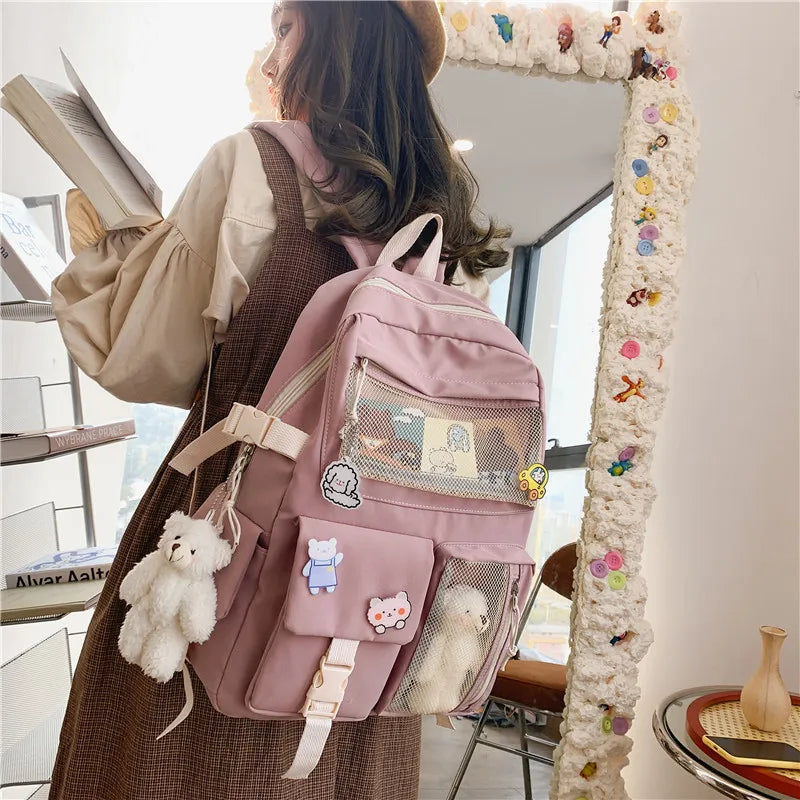 New Buckle Badge Women Backpack Candy Color Fashion Cute Schoolbag Shoulder Student Bag Teenage Girls College Backpack