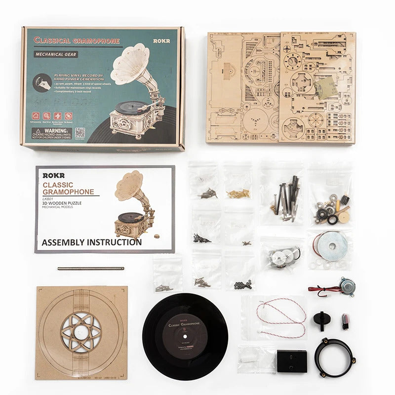 DIY Hand Crank Classic Gramophone Wooden Puzzle Kits