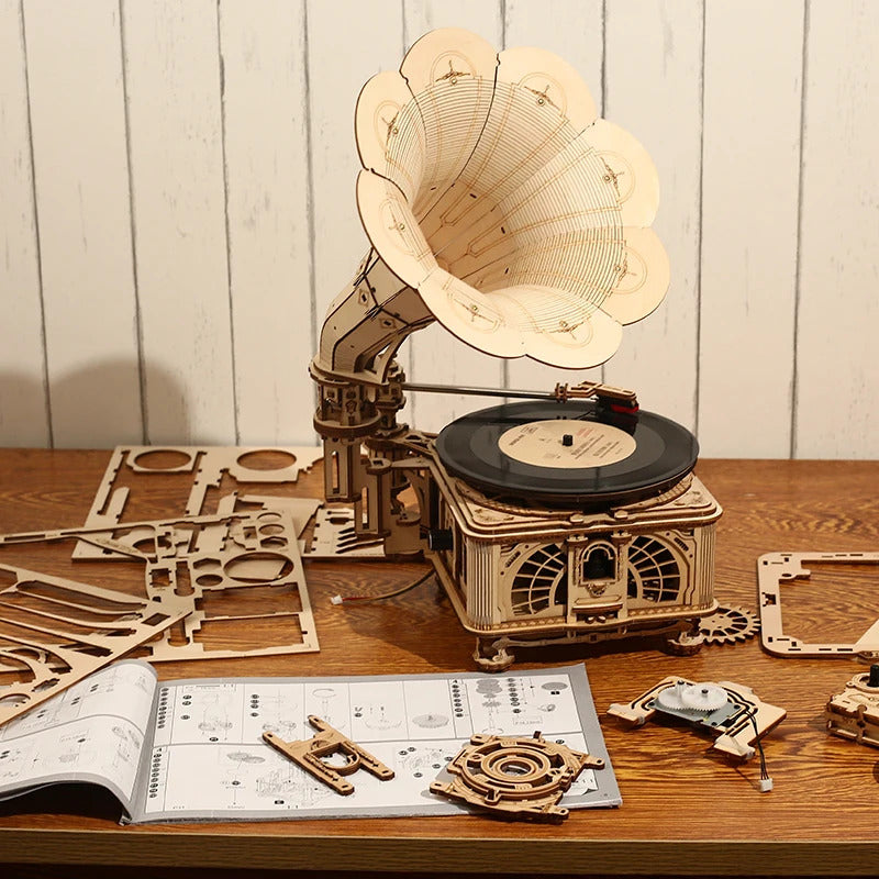 DIY Hand Crank Classic Gramophone Wooden Puzzle Kits