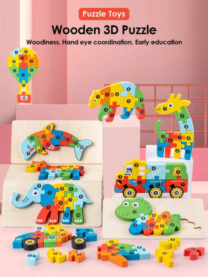 3D Wooden Puzzles Educational Cartoon Animals Puzzle