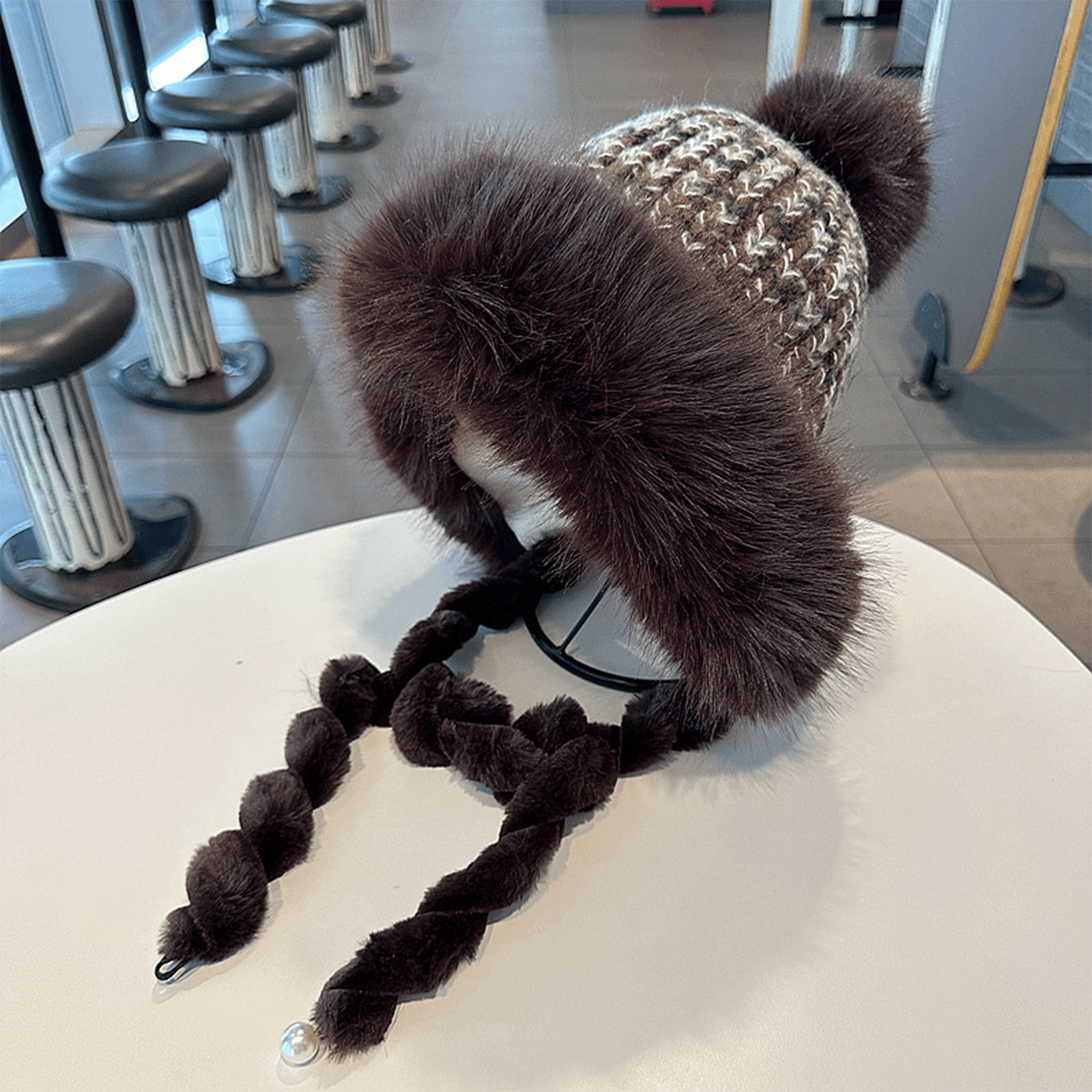 Women Winter Hat with Pompom, Cute Thick Knitted Hats with Ties, Warm Stretchy Cap, Machine Washable